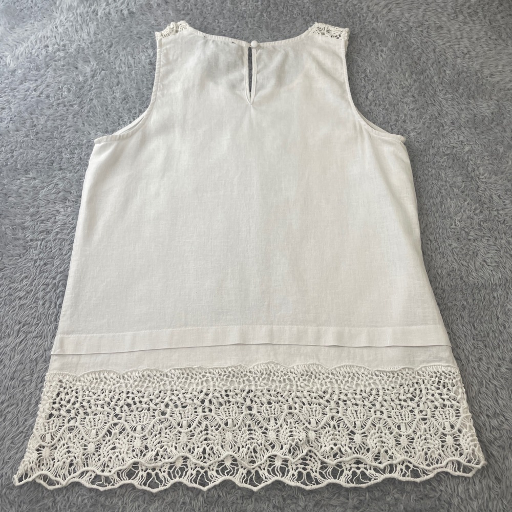 Cynthia Rowley Tank Top Womens l White Linen Blend Crochet Lace‎ Hem Boho Chic - Picture 6 of 9